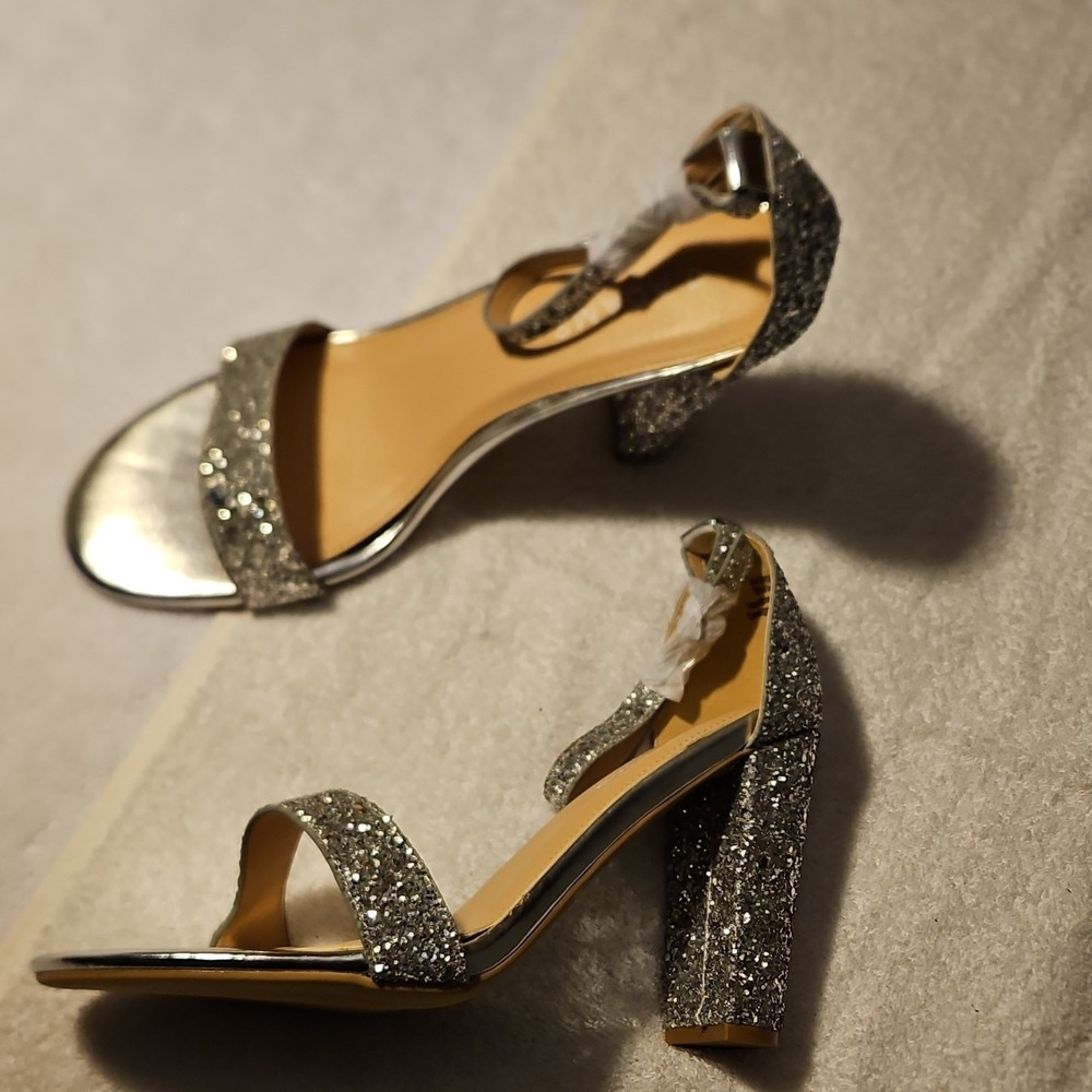 J. Adams Silver Glitter Strappy Block Heel Ankle Strap Open Toe‎ Buckle Size 11